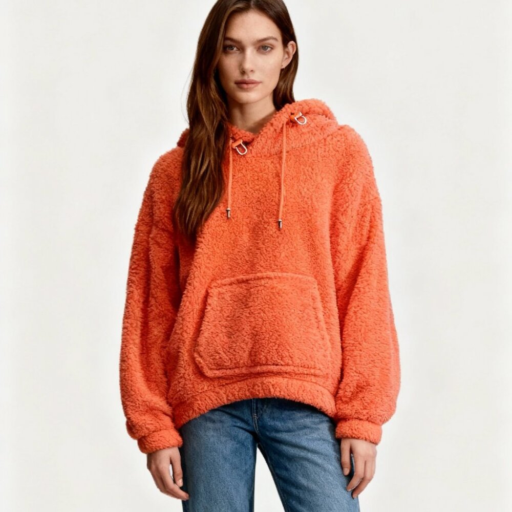 Hoodie Bright Orange Fluffy Soft Women's Size Small 100% Polyester - Picture 1 of 4
